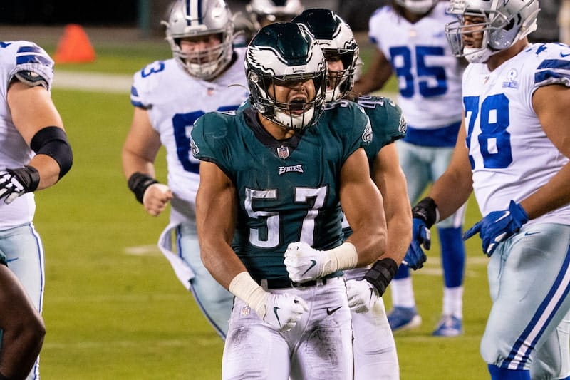 Philadelphia Eagles linebacker T.J. Edwards (57) celebrates a fumble  recovery against the Indianapolis Colts in the