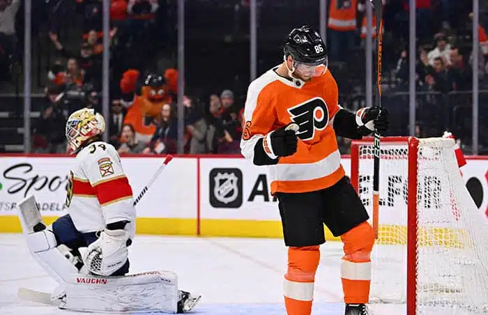 Philadelphia Flyers left wing Joel Farabee (86) reacts after a goal against the Florida Panthers in the first period at Wells Fargo Center.