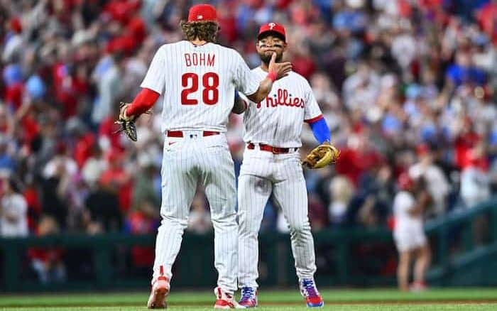 Philadelphia Phillies' Edmundo Sosa gestures from second base