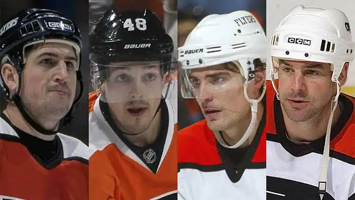 Former Flyers players Keith Jones, Danny Briere, Patrick Sharp, John LeClair