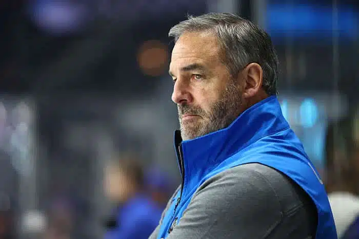 Head coach John LeClair of Team LeClair looks on in the final game against Team Carbonneau during 3ICE Week Five at Budweiser Gardens on July 16, 2022 in London, Ontario.