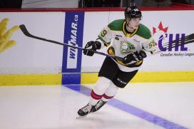 CHL Top Prospects team white defenseman Oliver Bonk (59) warms up in the CHL Top Prospects ice hockey game at Langley Events Centre.