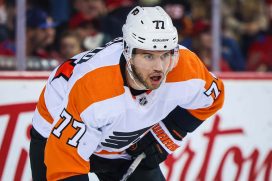 Philadelphia Flyers defenseman Tony DeAngelo (77) against the Calgary Flames during the second period at Scotiabank Saddledome.