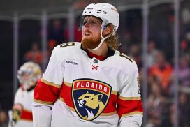 Florida Panthers defenseman Marc Staal (18) looks on against the Philadelphia Flyers in the first period at Wells Fargo Center.