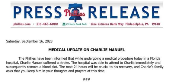 Phillies Charlie Manuel: Former manager for Philadelphia MLB team suffers  stroke in Florida hospital - 6abc Philadelphia