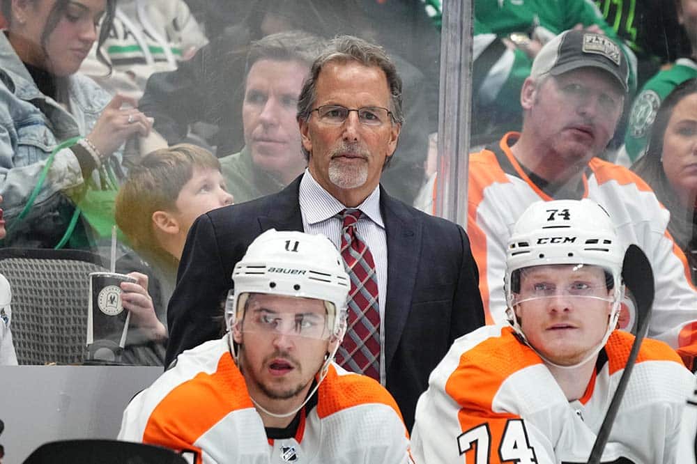 John Tortorella of the Philadelphia Flyers coaches against the Dallas Stars at the American Airlines Center on April 6, 2023 in Dallas, Texas.