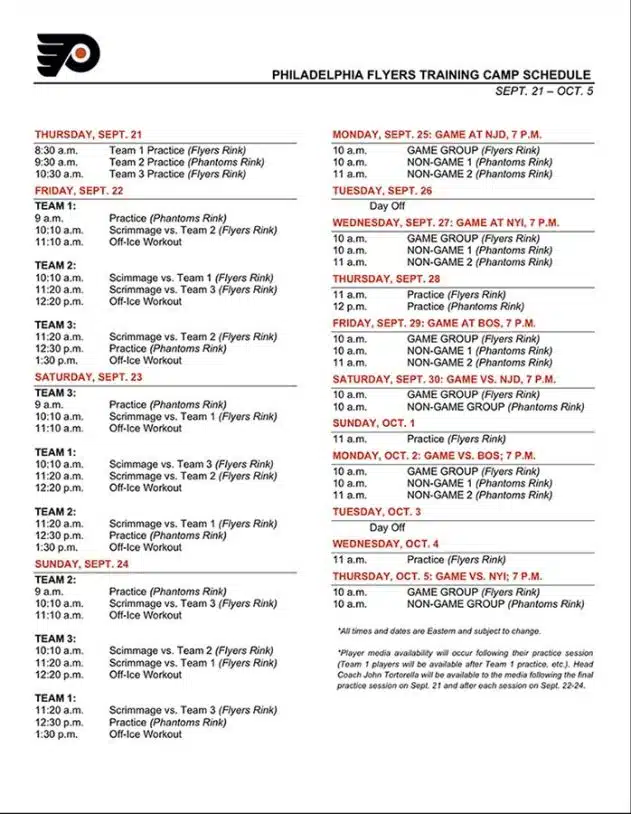 Flyers training camp schedule