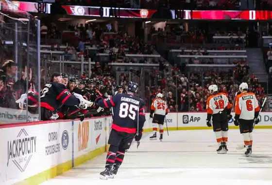 Jake Sanderson #85 of the Ottawa Senators celebrates his second period goal against the Philadelphia Flyers with his teammates on the bench at Canadian Tire Centre on October 14, 2023 in Ottawa, Ontario, Canada.