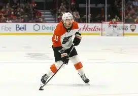 Travis Konecny #11 of the Philadelphia Flyers controls the puck against the Ottawa Senators at Canadian Tire Centre on October 14, 2023 in Ottawa, Ontario, Canada.