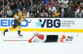 Shea Theodore #27 of the Vegas Golden Knights shoots the puck to score the game-winning goal during the third period against the Philadelphia Flyers at T-Mobile Arena on October 24, 2023 in Las Vegas, Nevada.