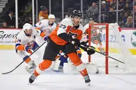 Philadelphia Flyers left wing Noah Cates (27) reacts after scoring a goal against the New York Islanders during the first period at Wells Fargo Center.