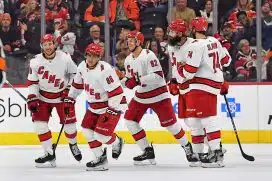 Carolina Hurricanes left wing Teuvo Teravainen (86) skates back to the bench after scoring a goal against the Philadelphia Flyers during the third period at Wells Fargo Center.