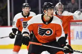 Philadelphia Flyers center Morgan Frost (48) against the New York Islanders at Wells Fargo Center.