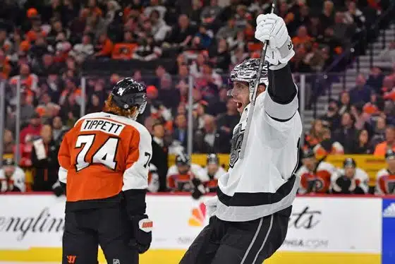 Los Angeles Kings center Anze Kopitar (11) celebrates his goal against the Philadelphia Flyers during the first period at Wells Fargo Center.