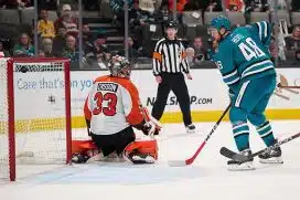 San Jose Sharks center Tomas Hertl (48) watches the puck in the net after a goal is scored against Philadelphia Flyers goaltender Samuel Ersson (33) during the second period at SAP Center at San Jose.