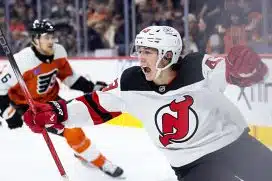 New Jersey Devils defenseman Luke Hughes (43) scores the game winning goal in overtime against the Philadelphia Flyers at Wells Fargo Center.