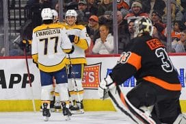 Nashville Predators center Philip Tomasino (26) celebrates his goal with right wing Luke Evangelista (77) against the Philadelphia Flyers during the third period at Wells Fargo Center.