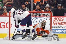 Columbus Blue Jackets left wing Johnny Gaudreau (13) scores a goal against Philadelphia Flyers goaltender Samuel Ersson (33) during the shootout at Wells Fargo Center.