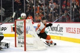 Philadelphia Flyers right wing Owen Tippett (74) celebrates his goal against the Dallas Stars during the third period at Wells Fargo Center.