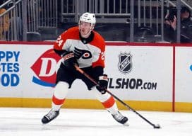 Philadelphia Flyers defenseman Nick Seeler (24) handles the puck against the Pittsburgh Penguins during the first period at PPG Paints Arena.