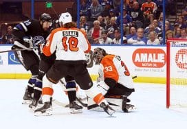 Tampa Bay Lightning left wing Nicholas Paul (20) shoots and scores a goal against the Philadelphia Flyers during the first period at Amalie Arena.