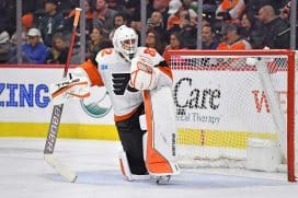 Philadelphia Flyers goaltender Ivan Fedotov (82) against the New York Islanders during the third period at Wells Fargo Center.