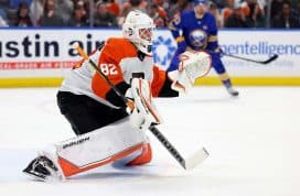 Philadelphia Flyers goaltender Ivan Fedotov (82) looks for the puck during the second period against the Buffalo Sabres at KeyBank Center.