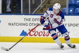 USA’s Cole Eiserman (34) controls the puck against Finland during the third period of the 2024 U18’s Five Nations Tournament at USA Hockey Arena.