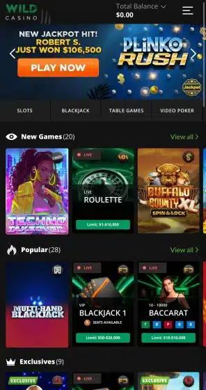 Wild Casino mobile site home page