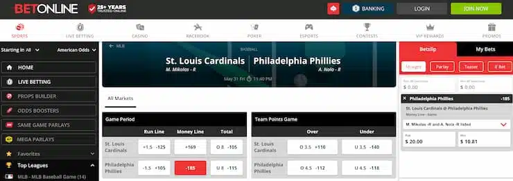 betonline odds - phillies favorites vs cardinals