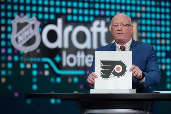 National Hockey League Deputy Commissioner Bill Daly announces the Philadelphia Flyers #12 overall draft position during the 2024 NHL Draft Lottery at NHL Network Studio on May 07, 2024 in Secaucus, New Jersey.