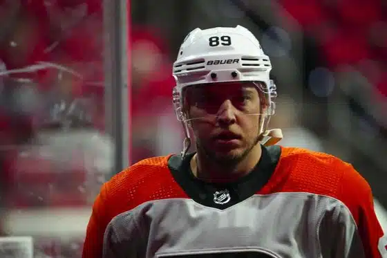 Philadelphia Flyers right wing Cam Atkinson (89) come off the ice after the warmups before the game against the Carolina Hurricanes at PNC Arena.