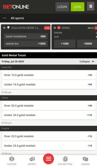 BetOnline mobile site for Olympic betting