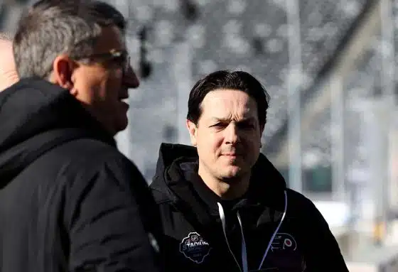 General Manager Daniel Briere of the Philadelphia Flyers looks on during practice at MetLife Stadium on February 16, 2024 in East Rutherford, New Jersey.