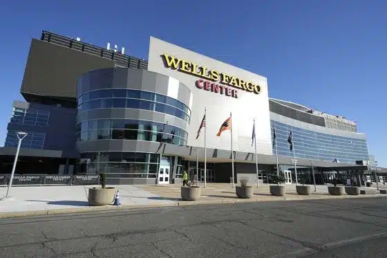 Exterior view of the Wells Fargo Center before a college basketball game between the Providence Friars and the Villanova Wildcats on February 4, 2024 in Philadelphia, Pennsylvania.