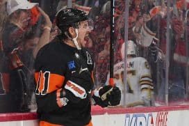 Travis Konecny #11 of the Philadelphia Flyers reacts after scoring a goal against the Boston Bruins in the second period at the Wells Fargo Center on March 23, 2024 in Philadelphia, Pennsylvania.