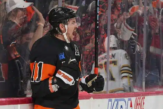 Travis Konecny #11 of the Philadelphia Flyers reacts after scoring a goal against the Boston Bruins in the second period at the Wells Fargo Center on March 23, 2024 in Philadelphia, Pennsylvania.