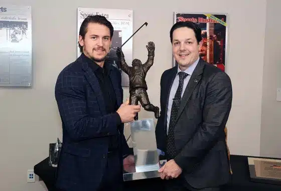 Philadelphia Flyers General Manager Danny Briere presents the Bobby Clarke Trophy as the teams Most Valuable Player to (L) Travis Konecny #11 of the Philadelphia Flyers prior to his game against the Washington Capitals at the Wells Fargo Center on April 16, 2024 in Philadelphia, Pennsylvania.