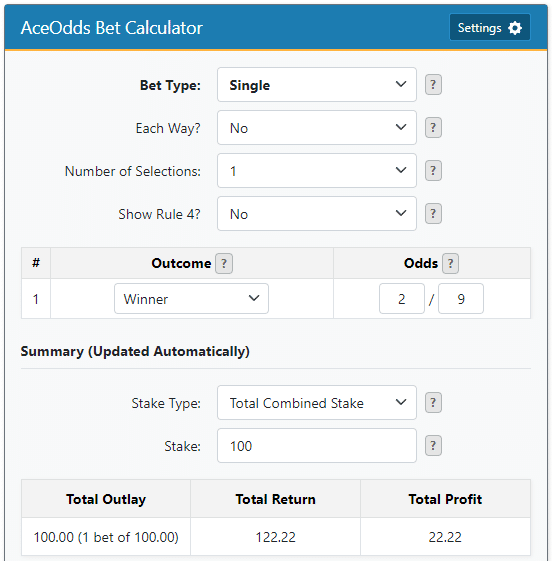 AceOdds Betting Calculator/Odds Converter Example 2