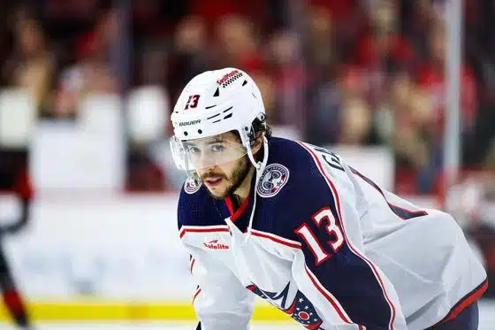 Johnny Gaudreau #13 of the Columbus Blue Jackets looks on during the warmups of the game against the Carolina Hurricanes at PNC Arena on April 07, 2024 in Raleigh, North Carolina. Hurricanes defeat Jackets 3-0.