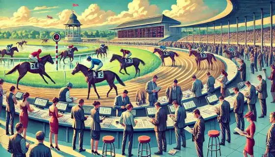 Image showing bettors at a racetrack placing parimutuel bets