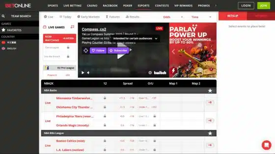 Live betting odds in the esports betting section at BetOnline