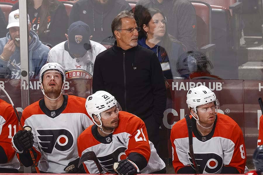 SUNRISE, FL - FEBRUARY 6: Head coach John Tortorella of the Philadelphia Flyers looks up ice during second period action against the Florida Panthers at the Amerant Bank Arena on February 6, 2024 in Sunrise, Florida.