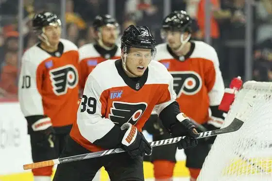 PHILADELPHIA, PENNSYLVANIA - SEPTEMBER 28: Matvei Michkov #39 of the Philadelphia Flyers looks on after scoring a goal against the Boston Bruins during the second period of the preseason game at the Wells Fargo Center on September 28, 2024 in Philadelphia, Pennsylvania.