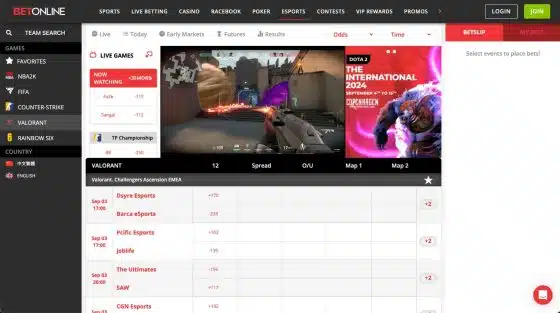 Valorant esports betting lines at the sportsbook BetOnline with live streaming of the game