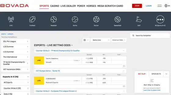 Esports betting page at Bovada with a list of live betting odds.