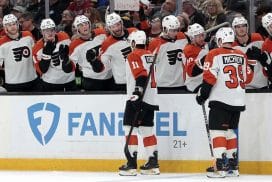 BOSTON, MA - OCTOBER 01: Philadelphia Flyers right wing Travis Konecny (11) passes the bench after scoring the equalizer during a preseason game between the Boston Bruins and the Philadelphia Flyers on October 1, 2024, at TD Garden in Boston, Massachusetts.