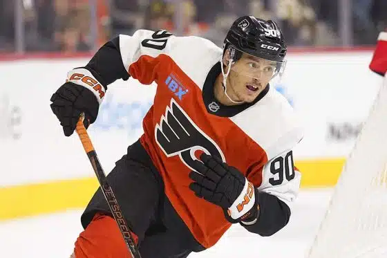 PHILADELPHIA, PENNSYLVANIA - SEPTEMBER 28: Anthony Richard #90 of the Philadelphia Flyers skates against the Boston Bruins during the preseason game at the Wells Fargo Center on September 28, 2024 in Philadelphia, Pennsylvania.