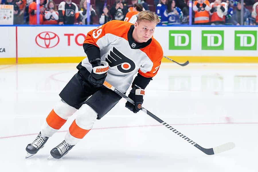 VANCOUVER, CANADA - OCTOBER 11: Matvei Michkov #39 of the Philadelphia Flyers warms up prior to his first NHL game at Rogers Arena against the Vancouver Canucks on October 11, 2024 in Vancouver, British Columbia, Canada.