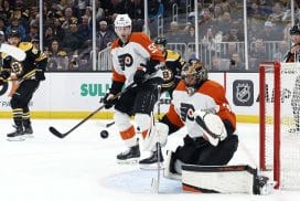 BOSTON, MA - OCTOBER 29: A shot comes in on Philadelphia Flyers goalie Samuel Ersson (33) during a game between the Boston Bruins and the Philadelphia Flyers on October 29, 2024, at TD Garden in Boston, Massachusetts.